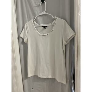 Lauren Ralph Lauren White Tee Braided Rope Neckline Sz L